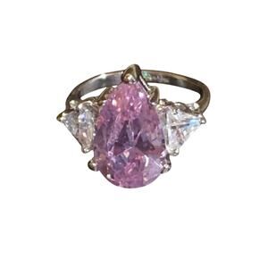 Sterling Silver, Pear Shape Pink Ice & Trillion Cut Cubic Zirconia's Ring Size 6